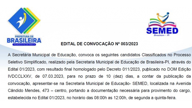 EDITAL DE CONVOCAÇÃO DE POSSE - 003/2023